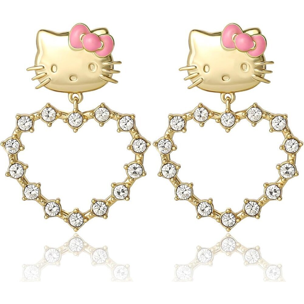 Hello Kitty Earrings Gold Plated Crystal Dangle Hoops Women Valentine's Gift